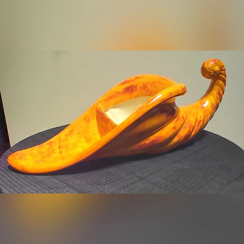 Vintage Large Orange with Burgundy Swirls Glazed Ceramic Pottery Cornucopia Horn